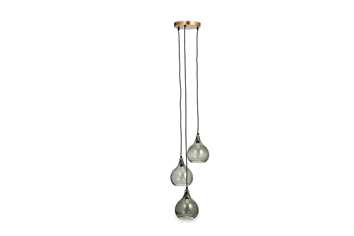 The Ziva Recycled Glass Cluster Pendant - Green Smoke by nkuku features three teardrop shades in gray-tinted glass, hanging at various lengths from adjustable black cords on a round gold mount, adding sleek, modern style to any space.