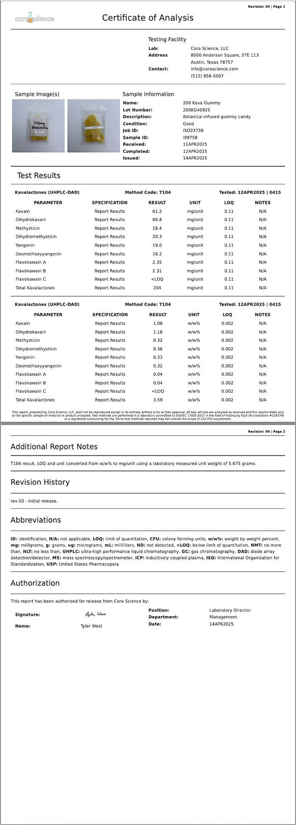 Certificate of Analysis document with test results and additional notes on a white background