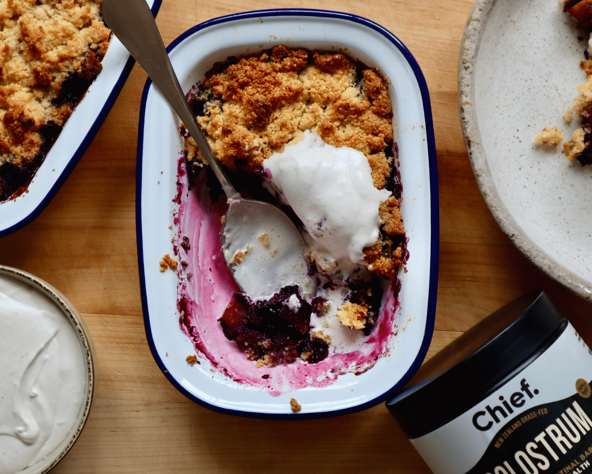Apple & Wild Blueberry Crumble with Whipped Colostrum Coconut Cream 