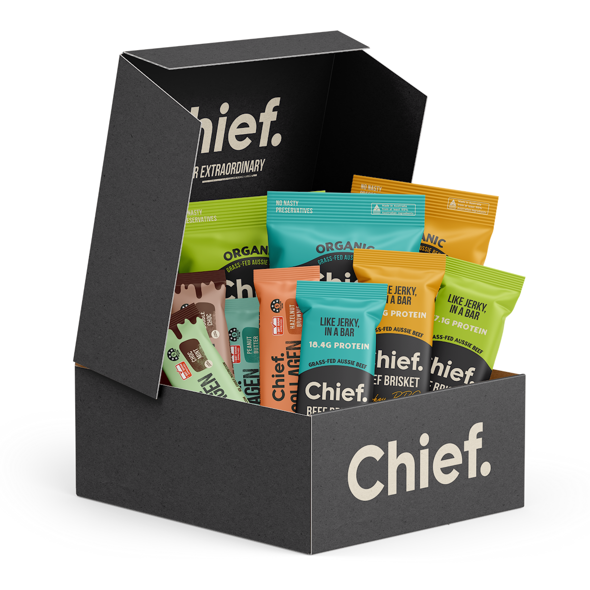 The Chief Best Sellers Starter Pack box filled with beef brisket bars, biltong and collagen protein bars