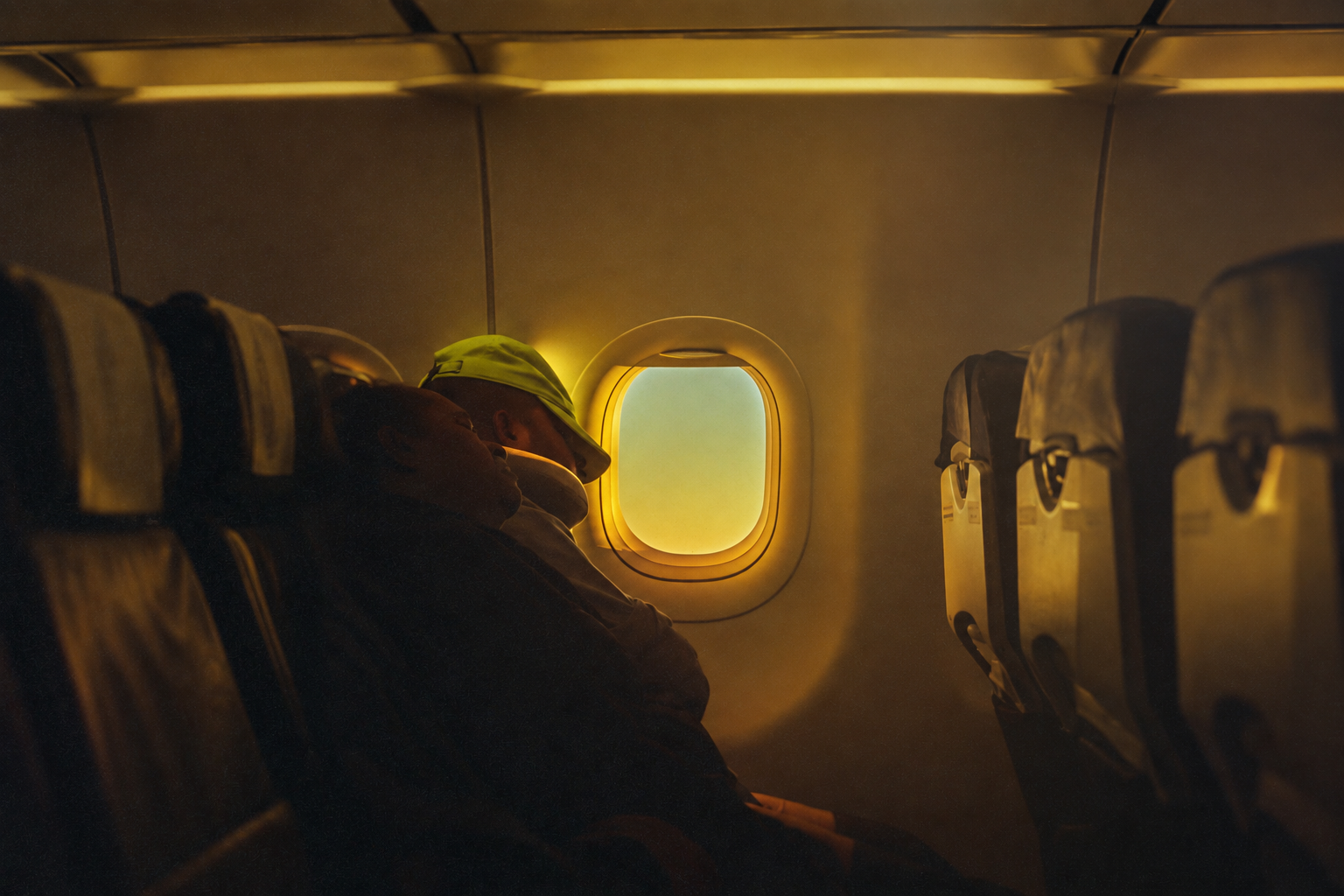Passenger resting beside an airplane window during a flight