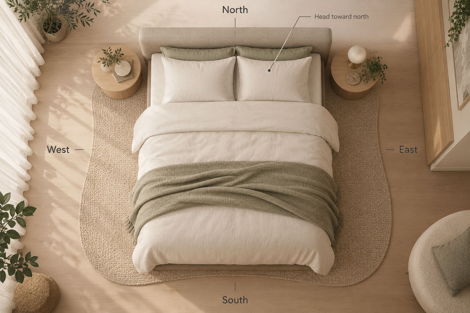Overhead diagram showing a bed with the headboard toward north and feet toward south.