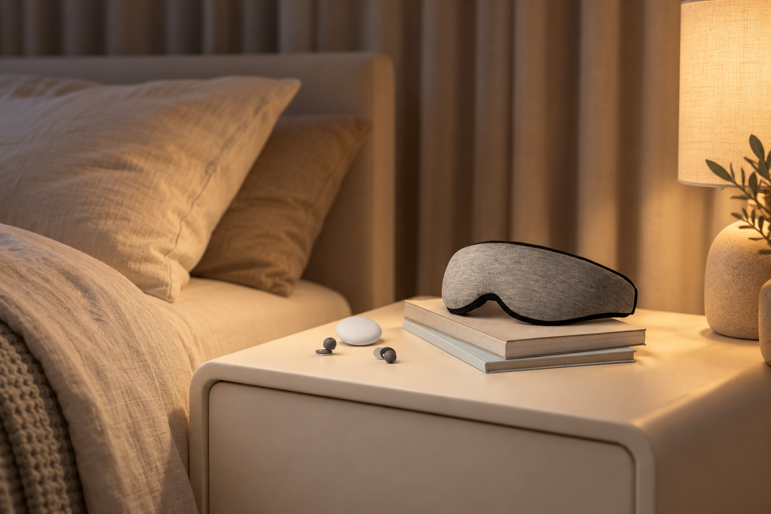 Ostrichpillow Eye Mask and Orbit Earplugs on a bedside table.