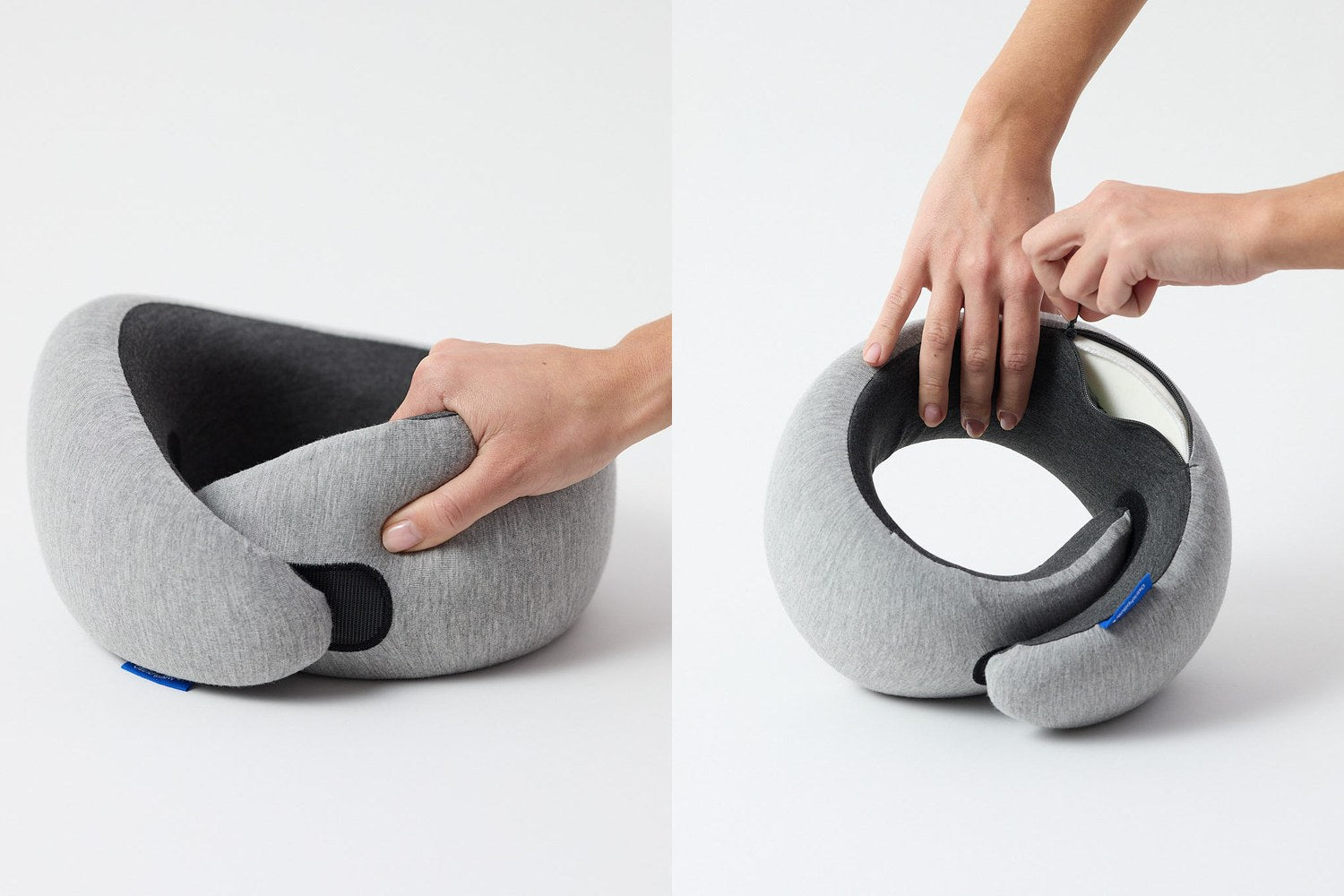 Side-by-side views of Go Neck Pillow being squeezed and its removable cover being unzipped.