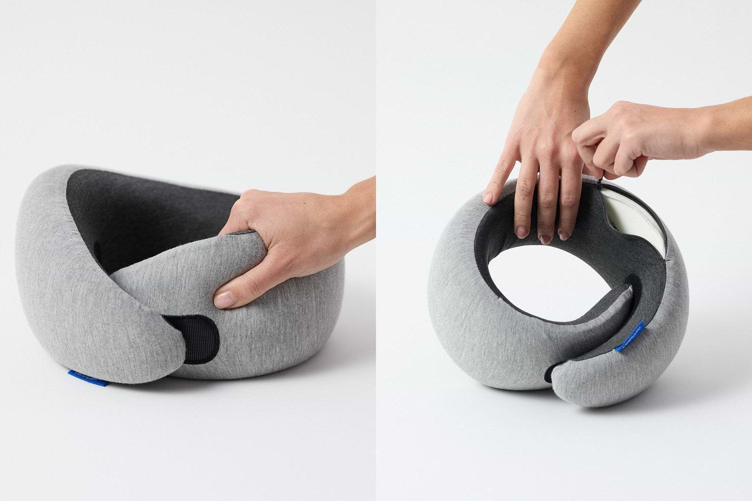Side-by-side views of Go Neck Pillow being squeezed and its removable cover being unzipped.