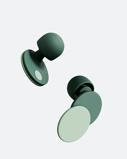 The Orbit Earplugs in 'Forest Snooze' display the soft, dark green silicone ear tip and the lighter mint-toned swivel lock circular plate.