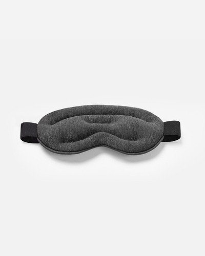 Top-down product shot of the Hot and Cold Eye Mask in Midnight Grey, showing its plush, contoured design and thick elastic strap.