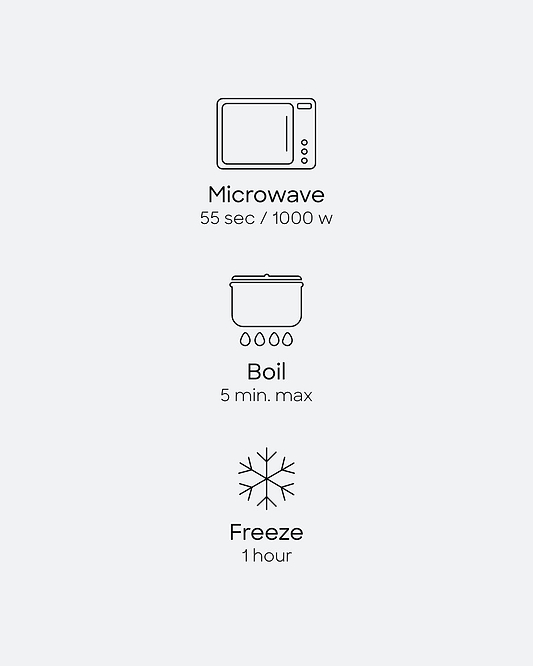 Instruction graphic for Heatbag usage options: 55 seconds at 1000 watts for microwave, 5 minutes max if boiling or 1 hour in the freezer for cold use.