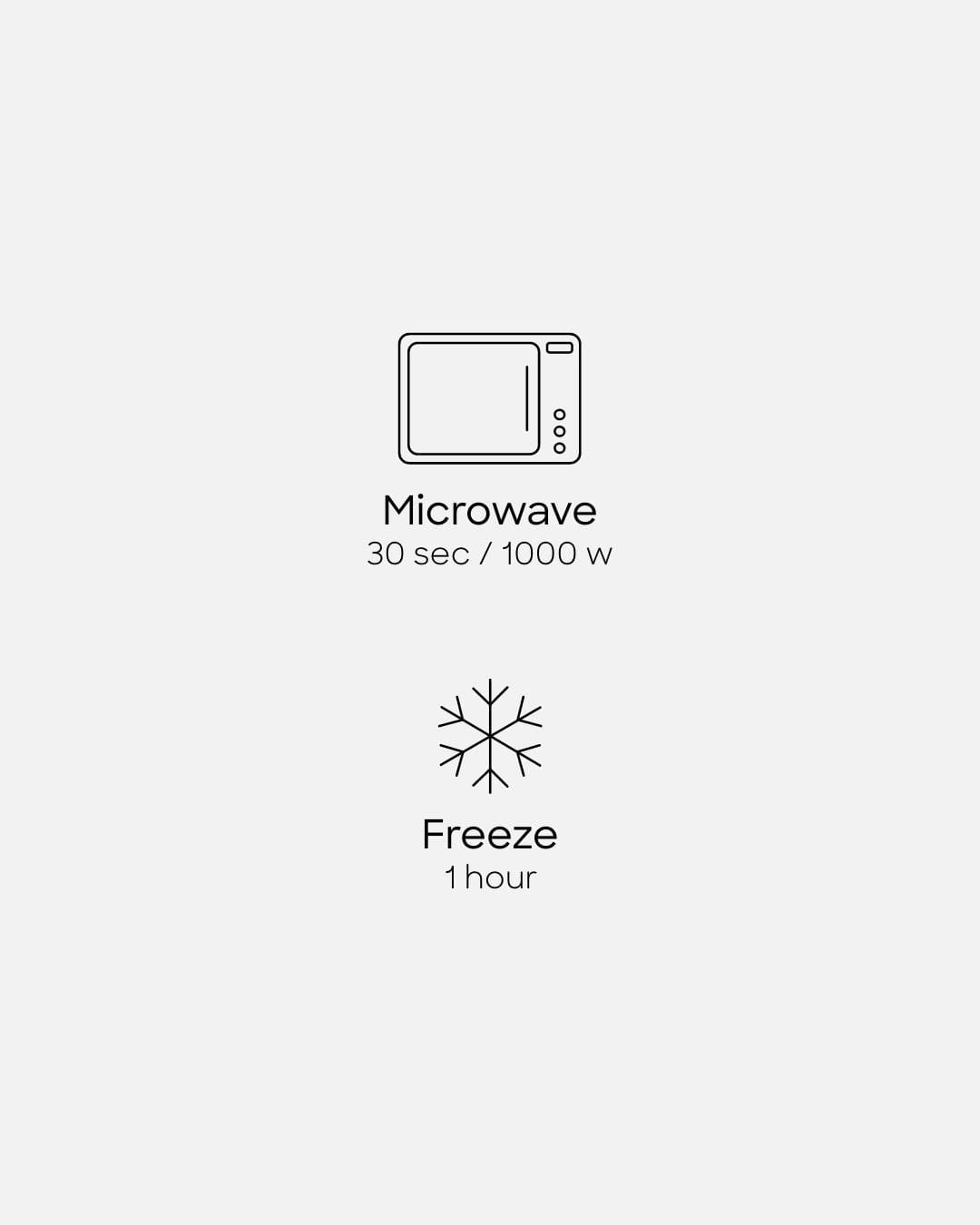 A diagram for the hot and cold therapy neck wrap. Features: Microwave 30 sec / 1000 w for heating and freeze 1 hour for cooling.