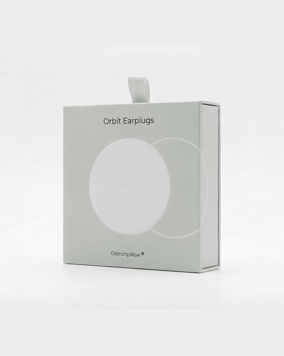 Product packaging for Orbit Earplugs. The image shows a sleek, light grey square box standing at an angle against a bright white background.
