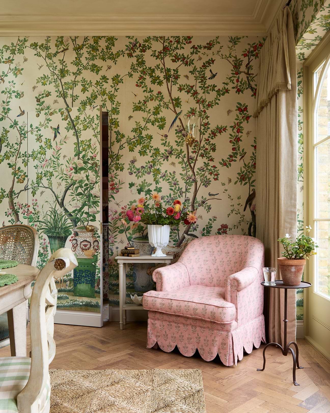 Dining table styled with mixed floral, ikat and stripe patterns