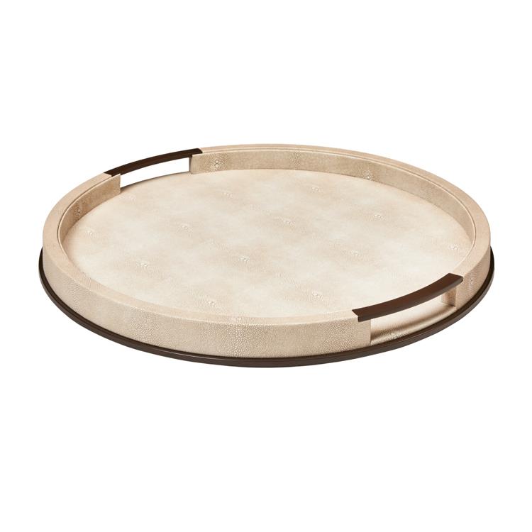 Großes, rundes, ecrufarbenes Shagreen-Tablett