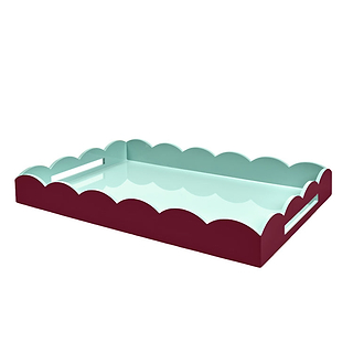 Cherry & Eau de Nil Large Lacquered Scallop Ottoman Two-Tone Tray