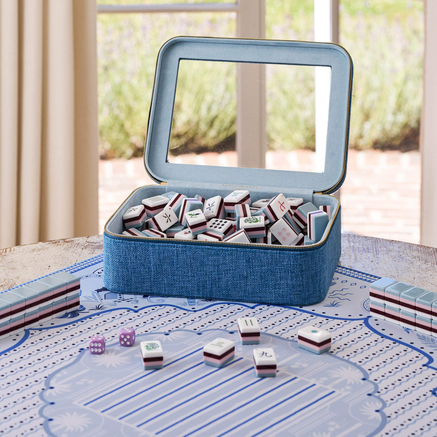 Sky Blue Grasscloth & Light Blue Suede Interior Mahjong Travel Bag