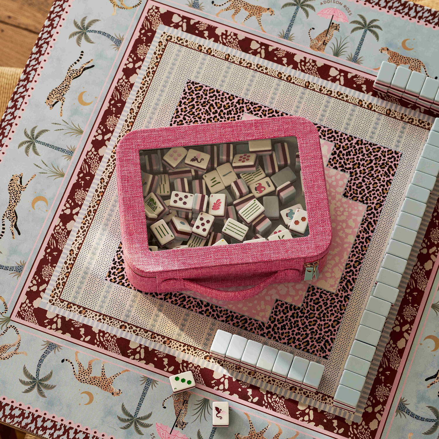 Pink Grasscloth & Eau de Nil Suede Interior Mahjong Travel Bag