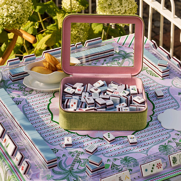 Green Grasscloth & Pink Suede Interior Mahjong Travel Bag