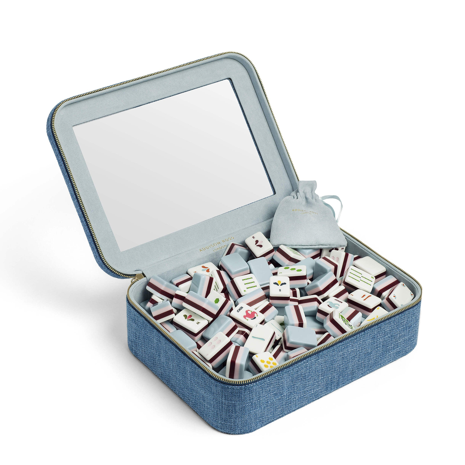 Sky Blue Grasscloth & Light Blue Suede Interior Mahjong Travel Bag