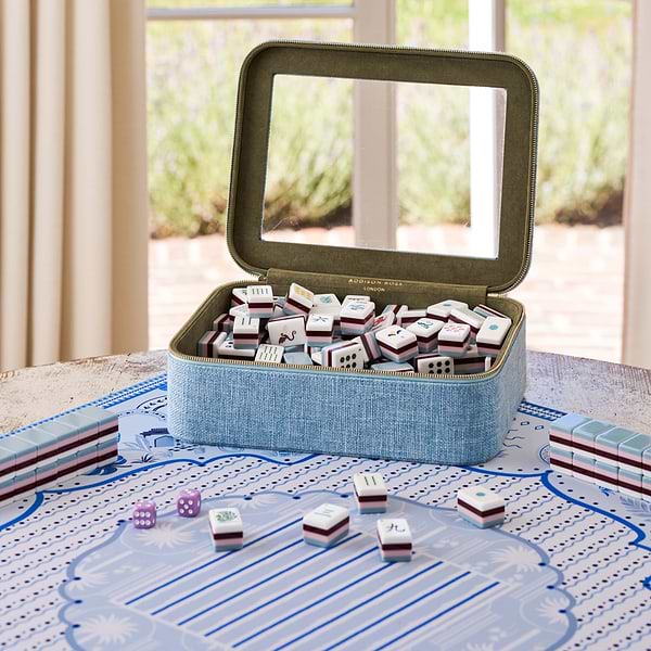 Light Blue Grasscloth & Khaki Suede Interior Mahjong Travel Case