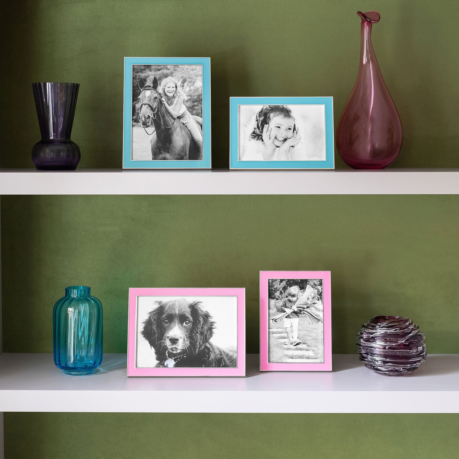 Four Silver Trim, Enamel Photo Frames