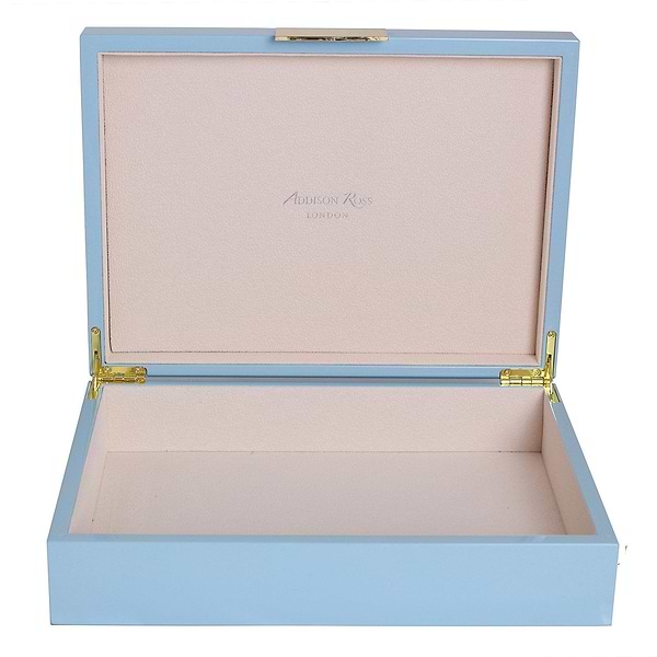 Large pale blue storage box with cream suede interior