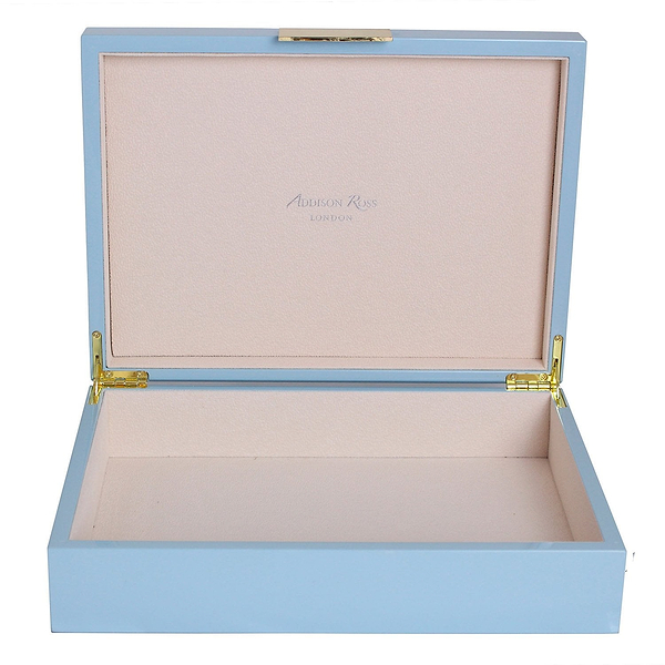 Large pale blue storage box with cream suede interior