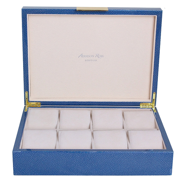 Large blue watch box with cream suede interior