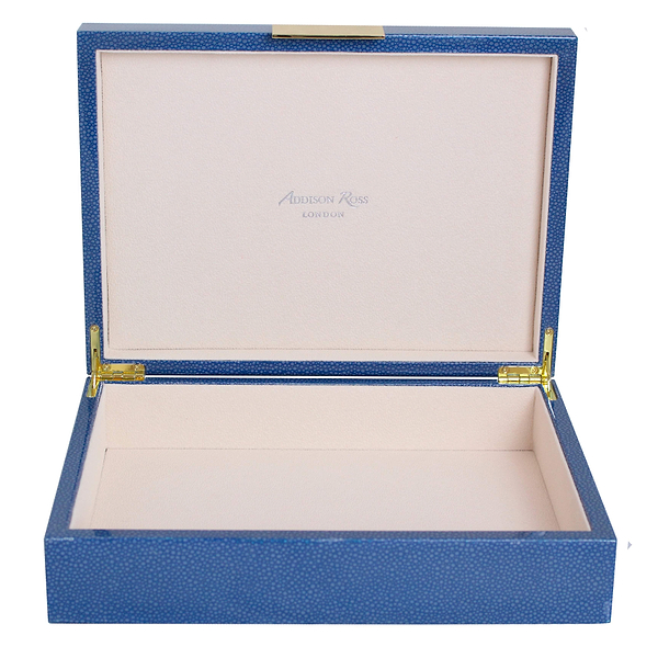 Large blue storage box with cream suede interior