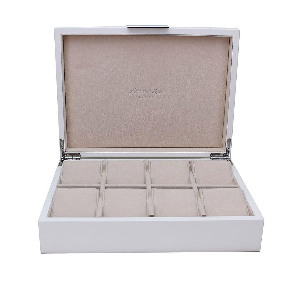 Large white watch box with cream suede interior