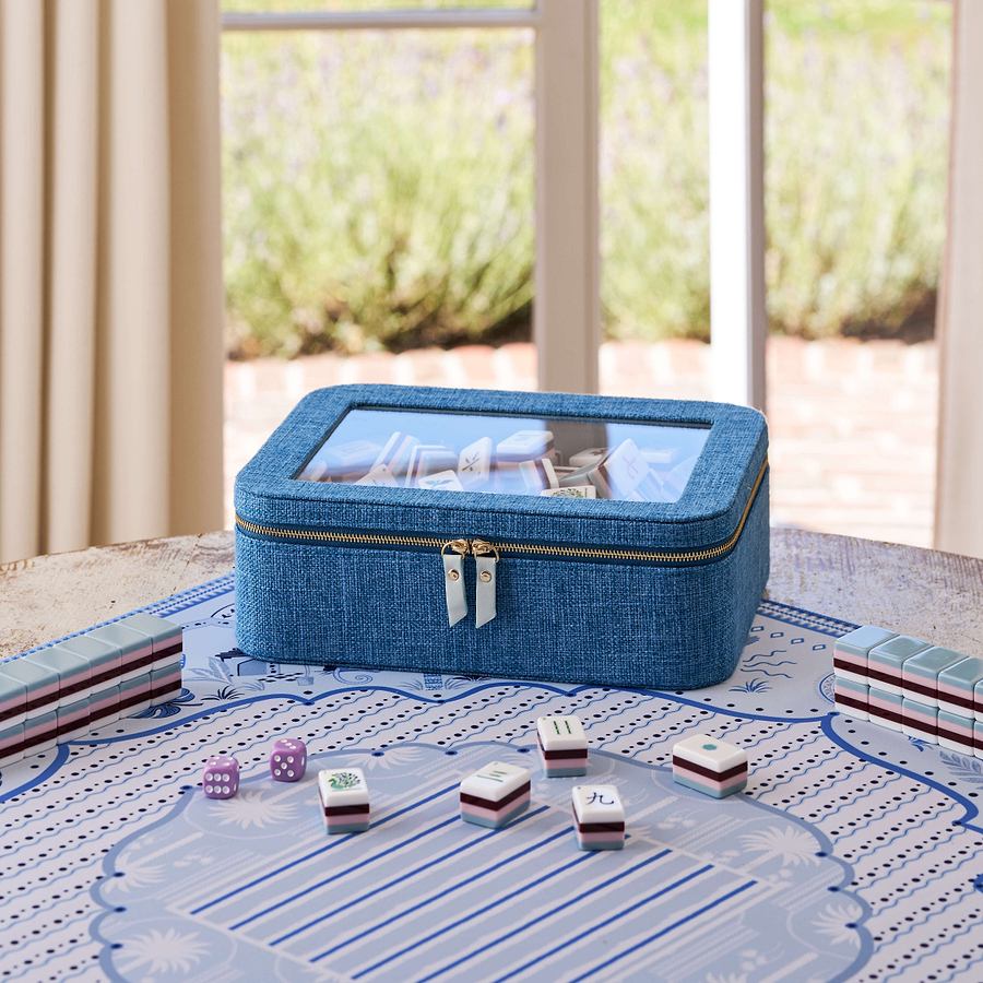 Sky Blue Grasscloth & Light Blue Suede Interior Mahjong Travel Bag