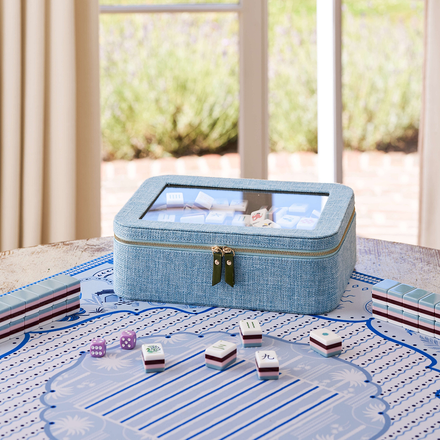 Light Blue Grasscloth & Khaki Suede Interior Mahjong Travel Bag