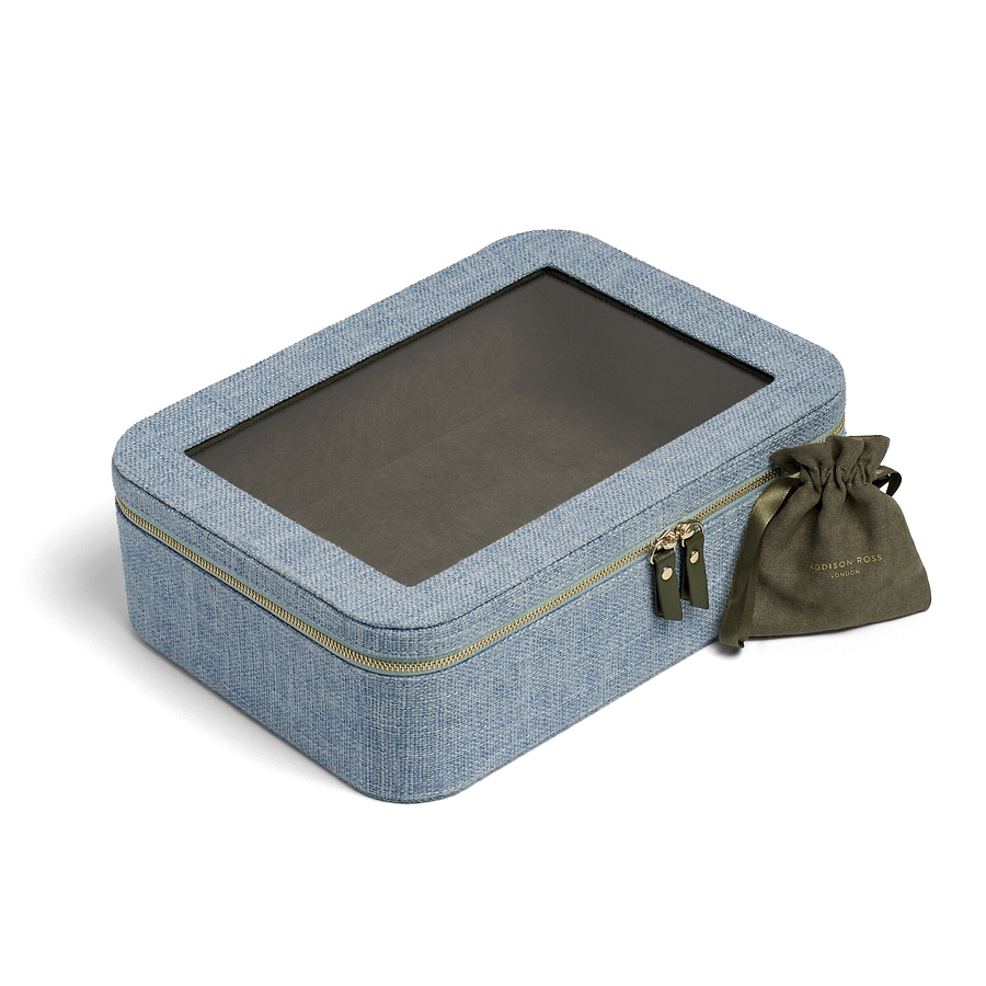 Light Blue Grasscloth & Khaki Suede Interior Mahjong Travel Bag