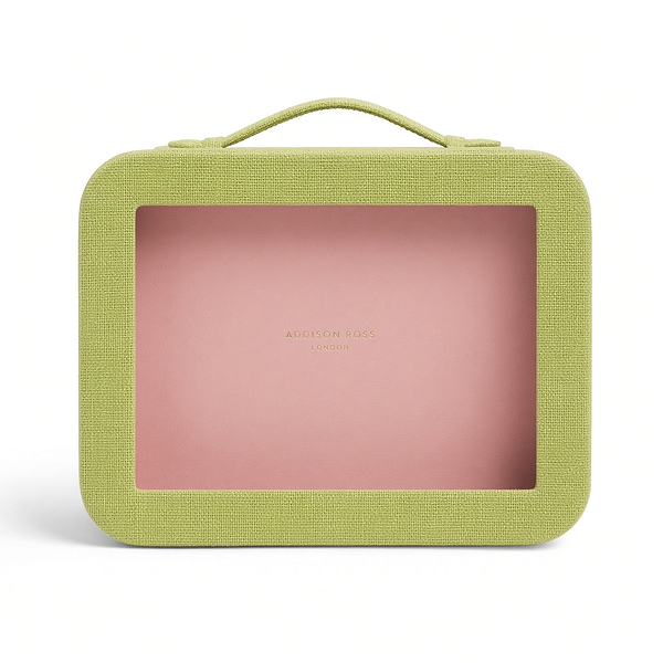 Green Grasscloth & Pink Suede Interior Mahjong Travel Case