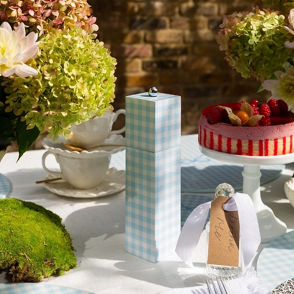 Blue Gingham Square Pillar Salt or Pepper Mill - Addison Ross Ltd UK