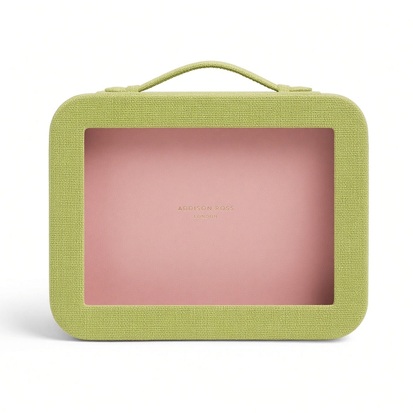 Green Grasscloth & Pink Suede Interior Mahjong Travel Case
