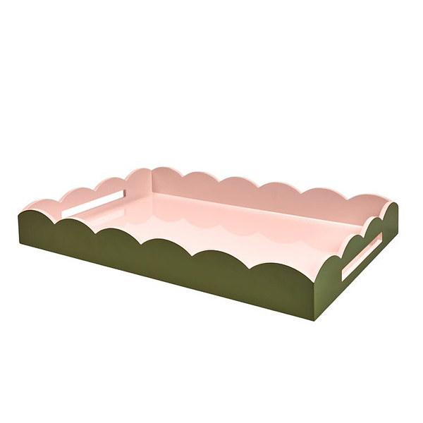 Khaki & Pink Large Lacquered Scallop Ottoman Two - Tone Tray - Addison Ross Ltd UK