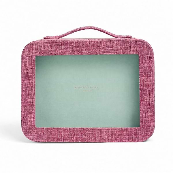 Pink Grasscloth & Eau de Nil Suede Interior Mahjong Travel Case - Addison Ross Ltd UK