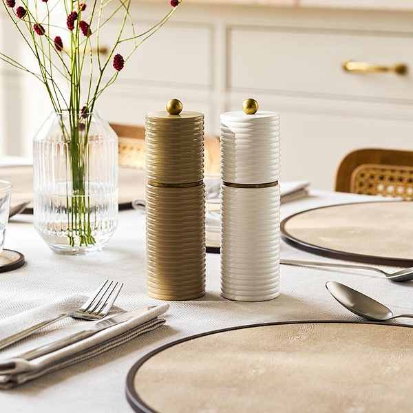Sophie Paterson Taupe and White Reed Salt & Pepper Mills