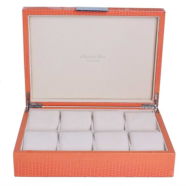 Large Orange Croc & Silver Watch Box