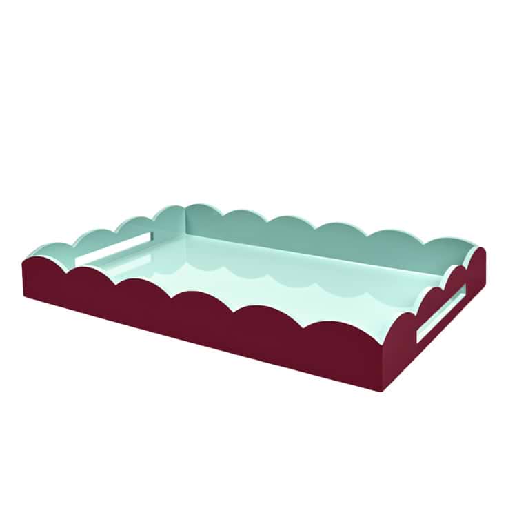 Cherry & Eau de Nil Large Lacquered Scallop Ottoman Two-Tone Tray
