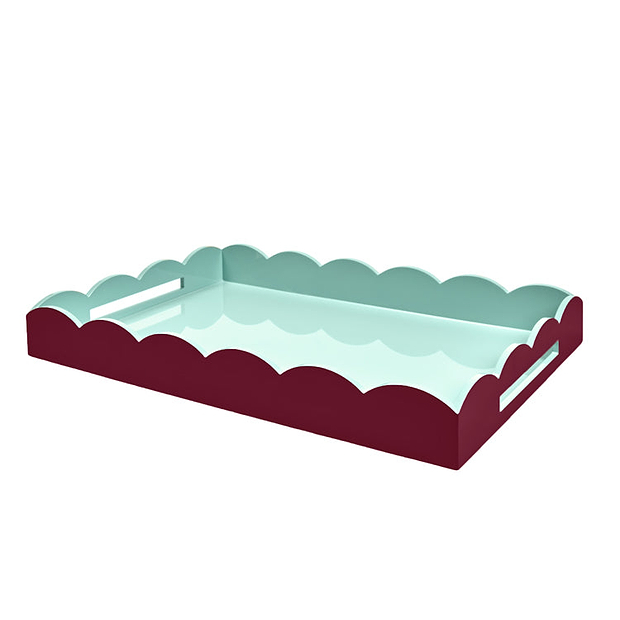 Cherry & Eau de Nil Large Lacquered Scallop Ottoman Two-Tone Tray