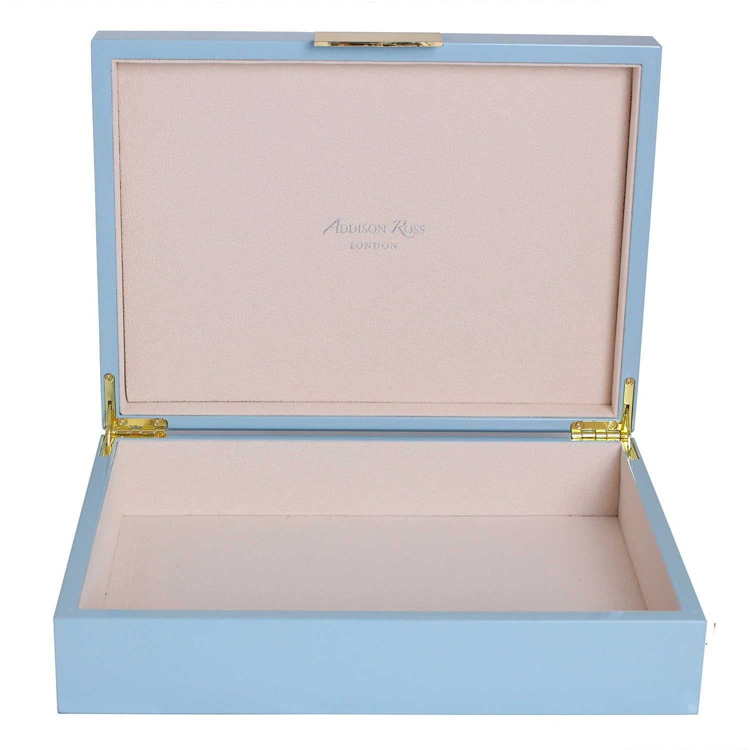 Large pale blue storage box with cream suede interior