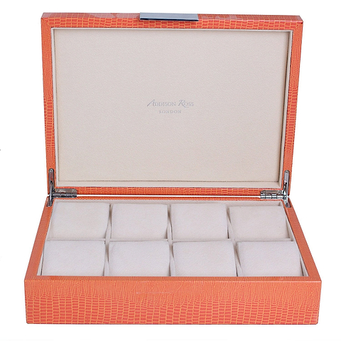 Large orange watch box with cream suede interior
