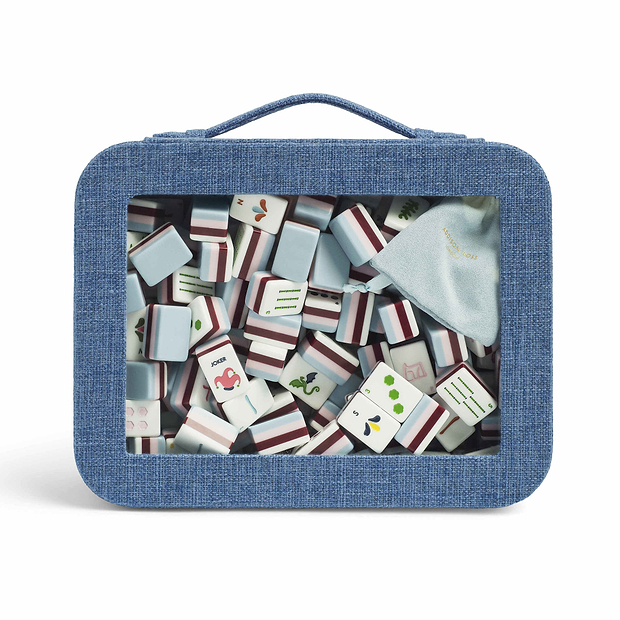 Sky Blue Grasscloth & Light Blue Suede Interior Mahjong Travel Bag