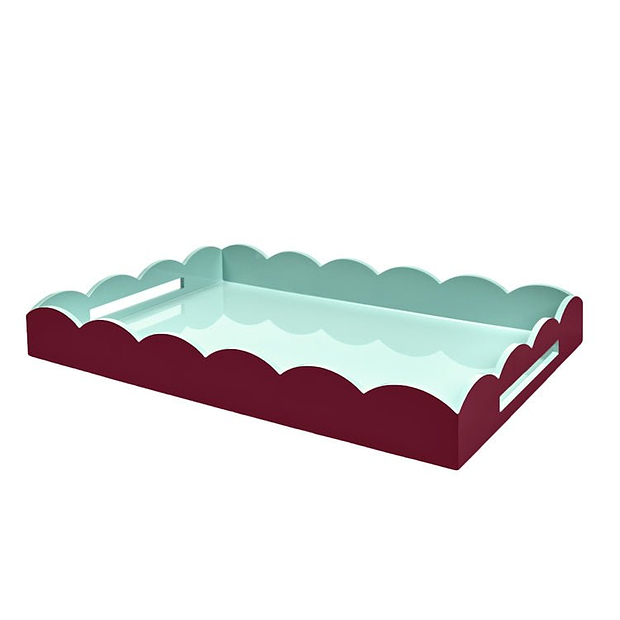 Cherry & Eau de Nil Large Lacquered Scallop Ottoman Two-Tone Tray