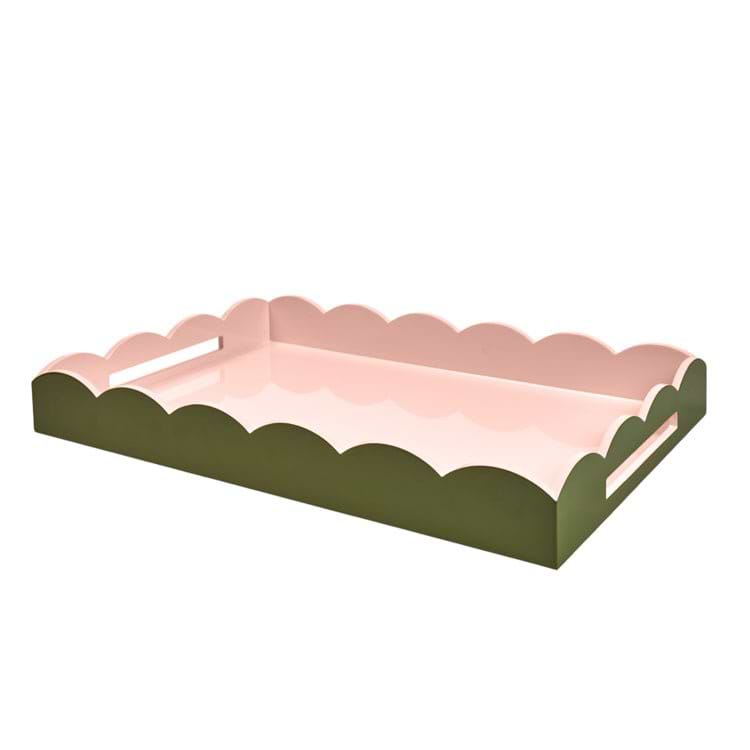Khaki & Pink Large Lacquered Scallop Ottoman Two - Tone Tray - Addison Ross Ltd UK