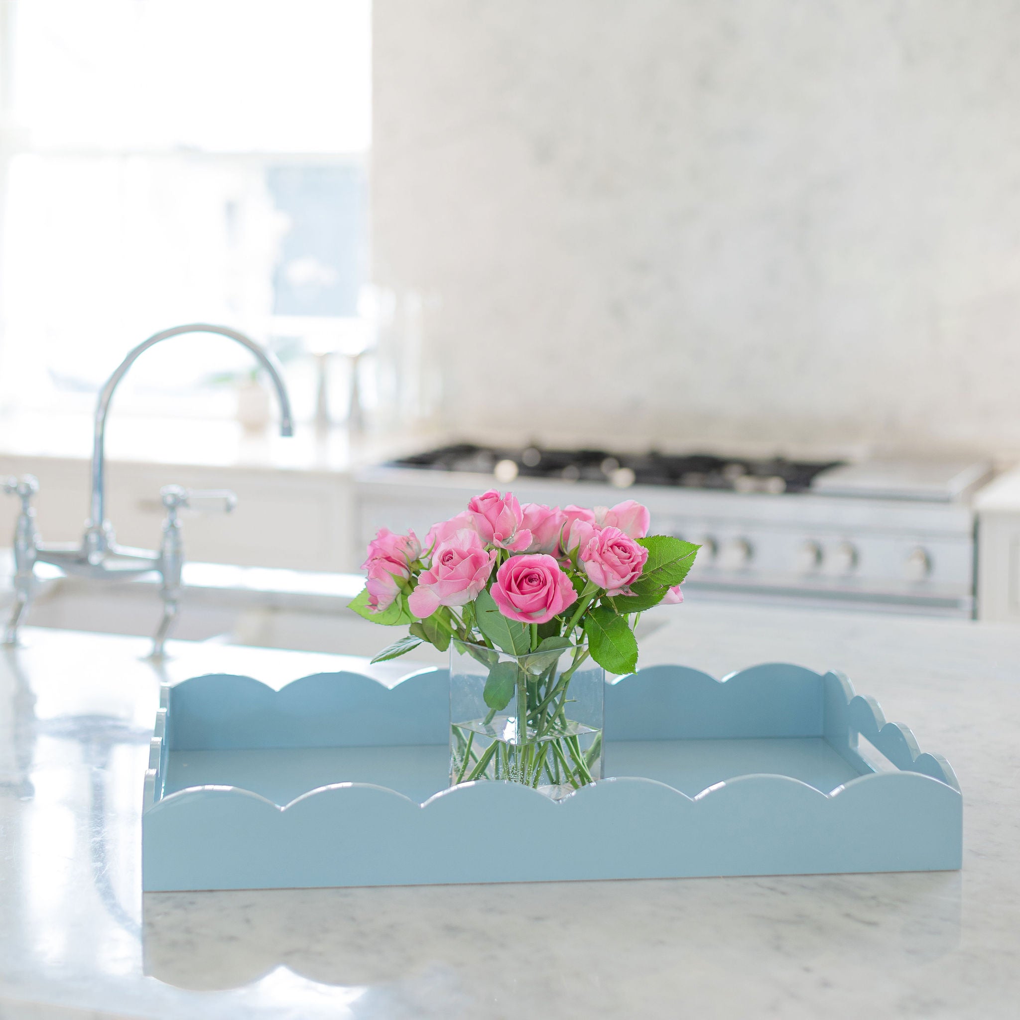Pale Denim Large Lacquered Scallop Ottoman Tray - Addison Ross Ltd UK