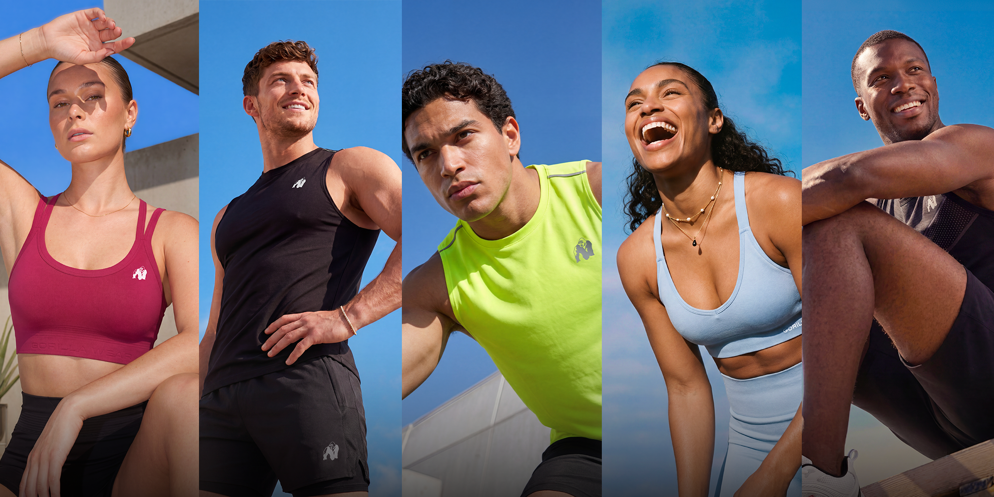 Five people in athletic wear against a blue sky.