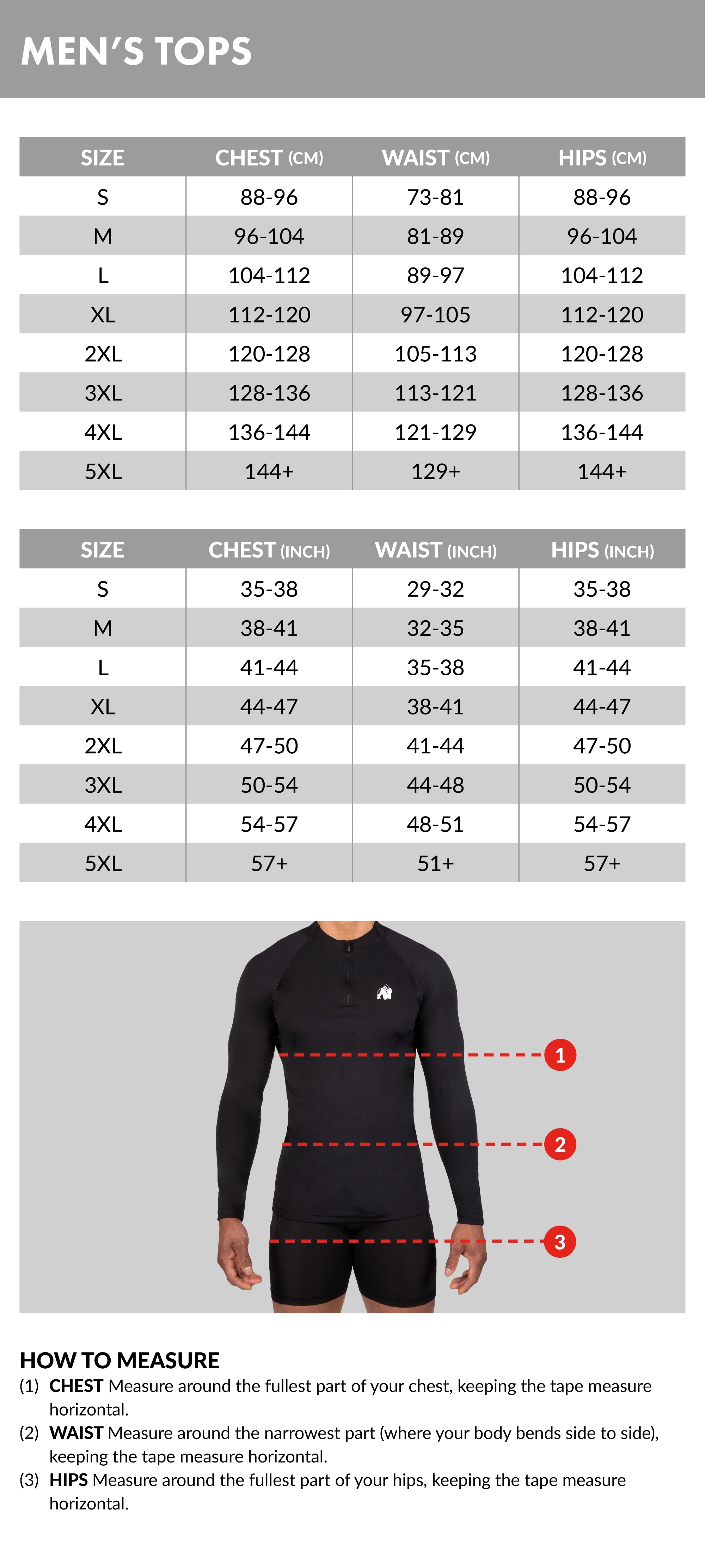 Size Guide Men's Tops