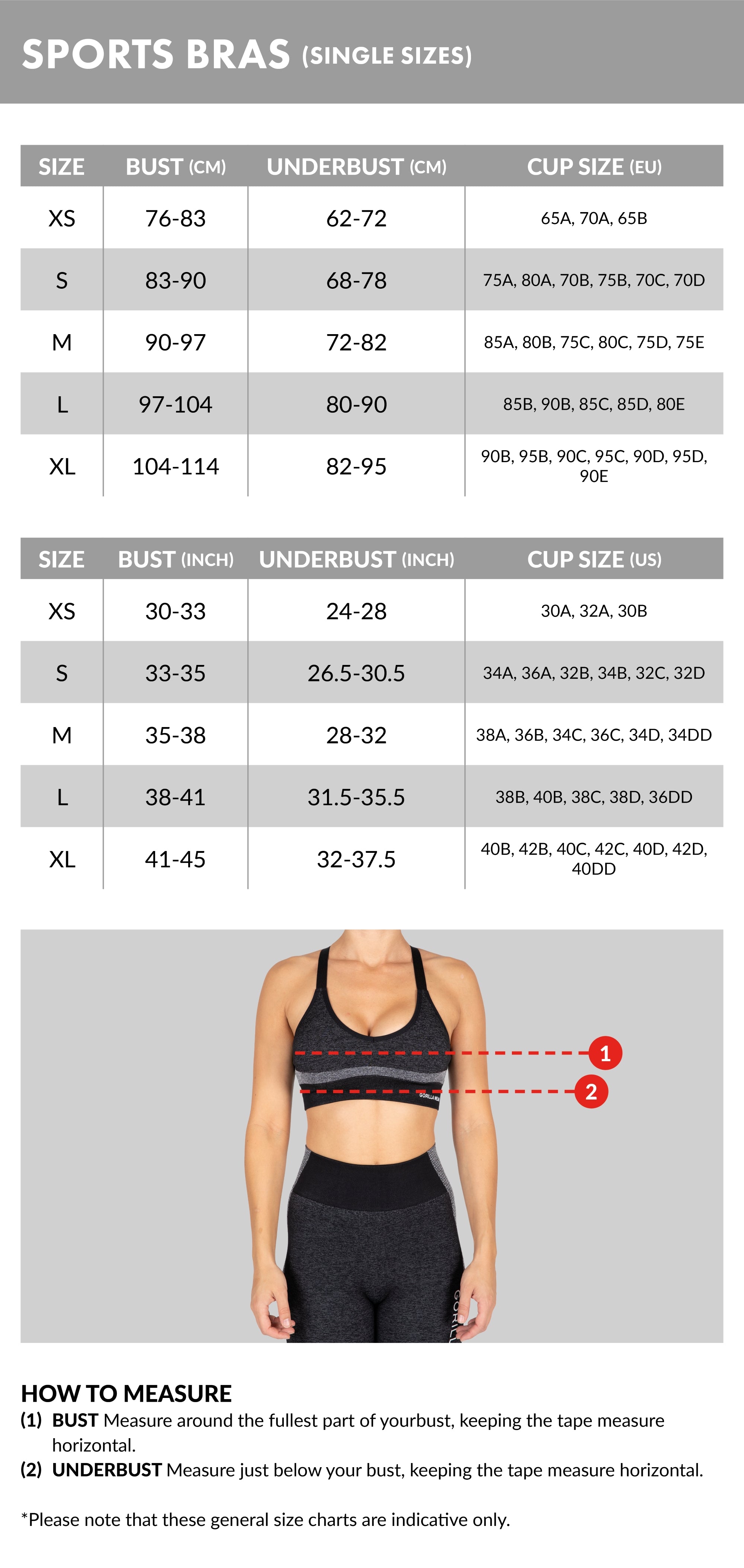 Size Guide Women's Sports Bras - Single Sizes