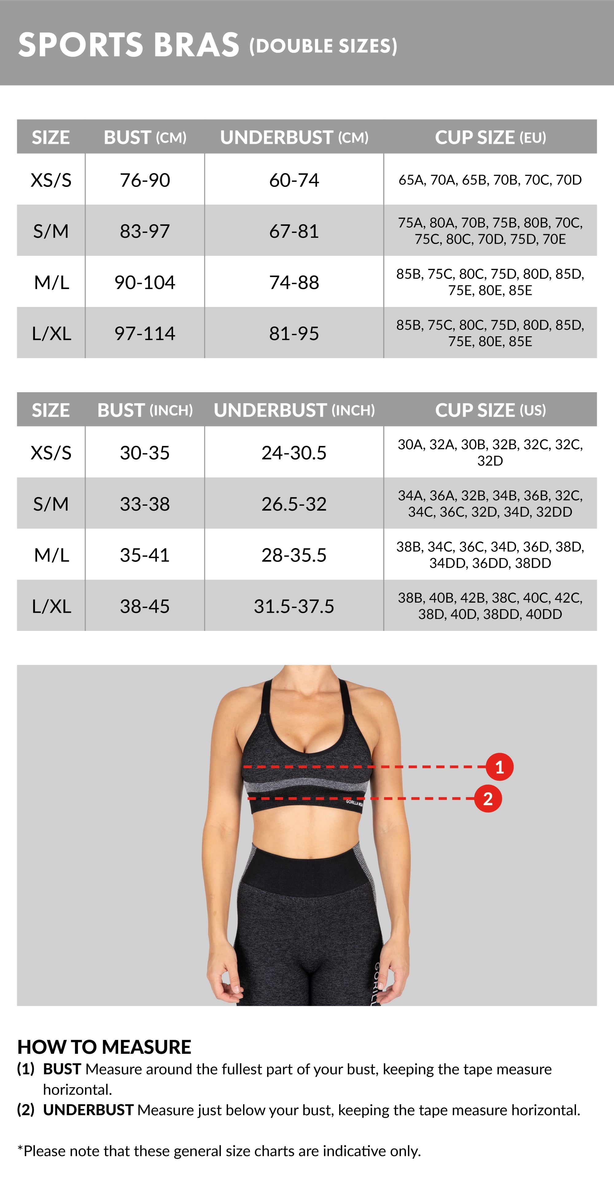 Guía de tallas de sujetadores deportivos para mujer: tallas dobles